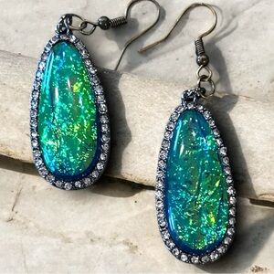 Opalescent Blue Green Teal Gold and Silver Toned Acrylic Teardrop Earrings